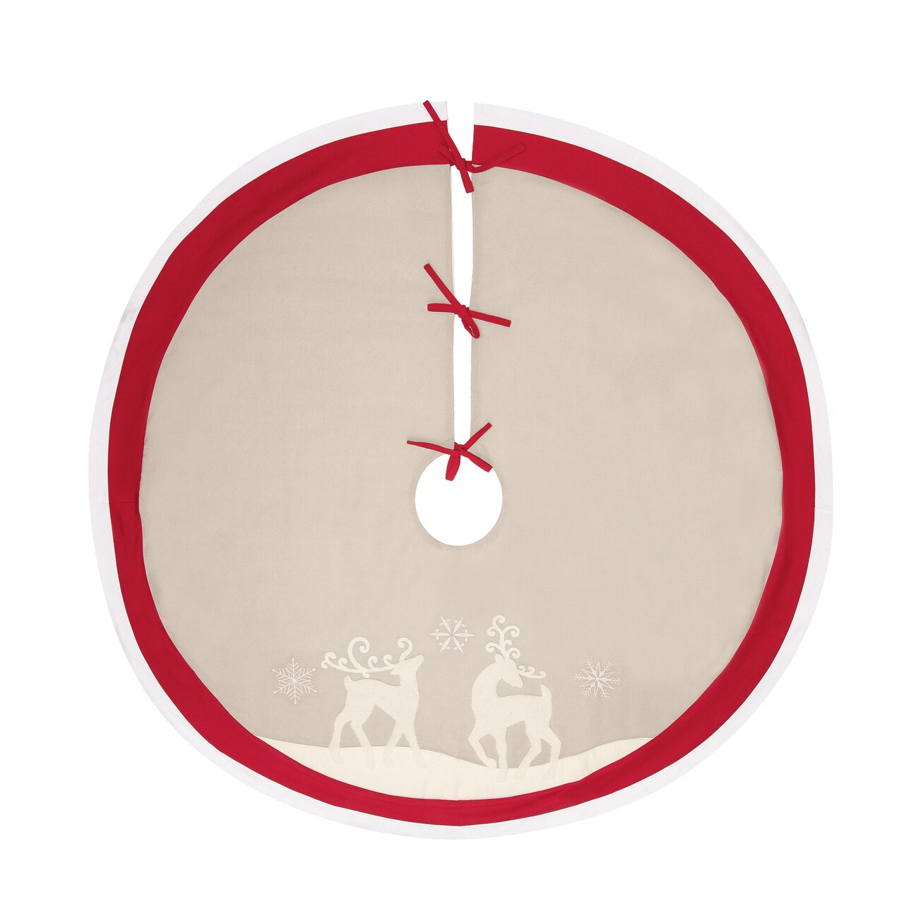 Nordic Christmas Deer on Beige Background with Snowflakes and Red Trim Cotton Christmas Tree Skirt 54.0-in.